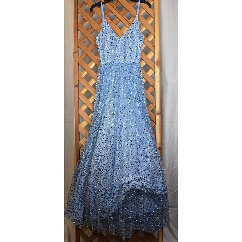 Violet Weekend Sequin Tulle Gown Womens 7/8 Sky Blue Lace Up Back - NEW
